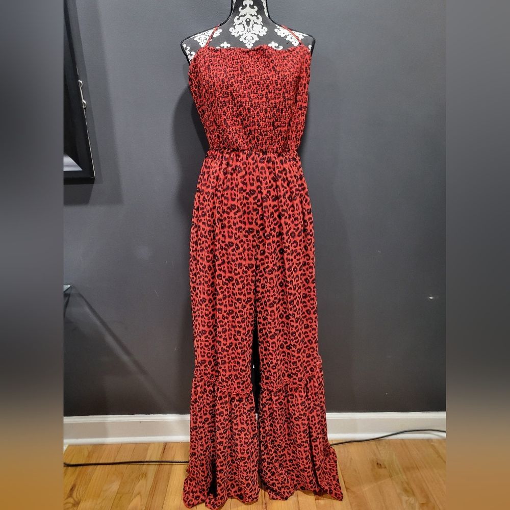 Red & Black Leporad Print Plus Size Jumpsuit Open Low Back Sz 2X